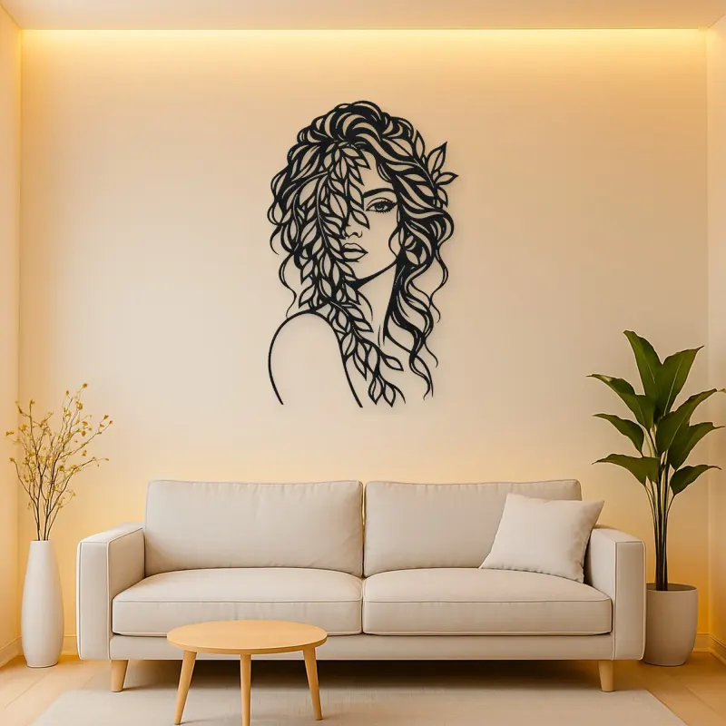 Leaf Veil Face Metal Wall Art | Minimalist Woman Line Art