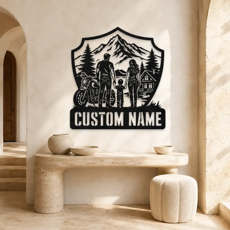 Personalized Family of Three Motorcycle Mountain Cabin Metal Wall Art - lifestyle view 3