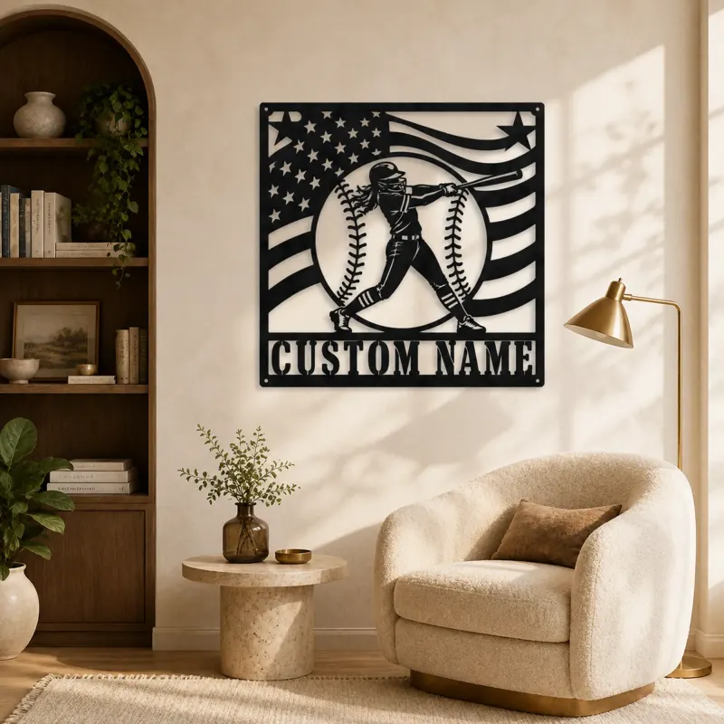 Personalized Female Softball Batter Waving Flag Metal Wall Art - lifestyle view 5
