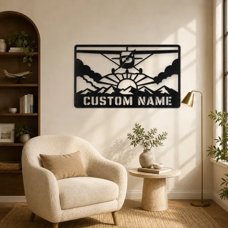 Personalized Propeller Airplane Metal Wall Art with Mountains - lifestyle view 5