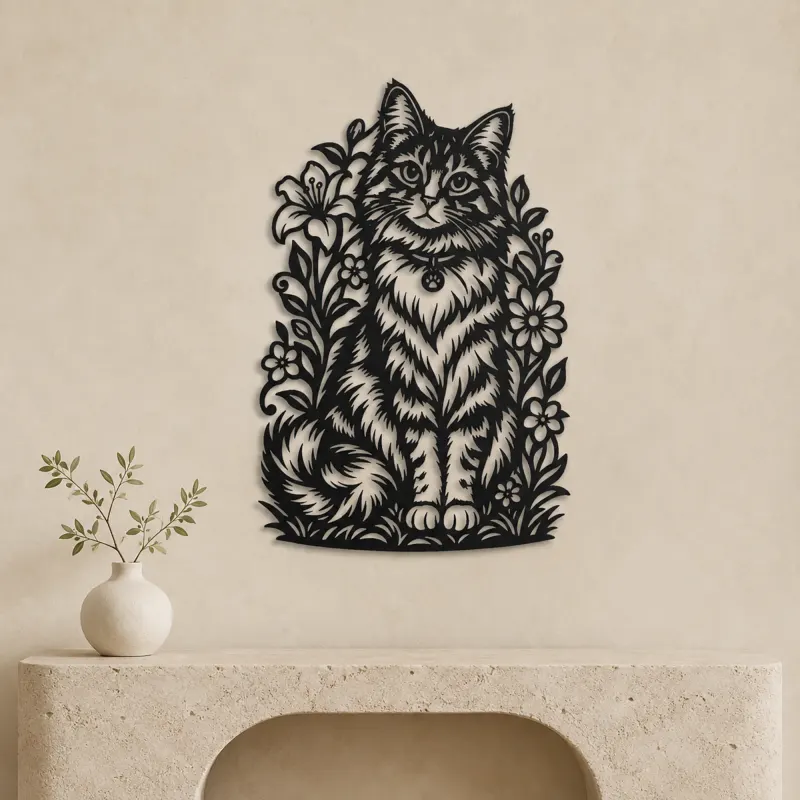 Sitting Cat Floral Metal Wall Art | Pet Lover Silhouette Decor - lifestyle view 3