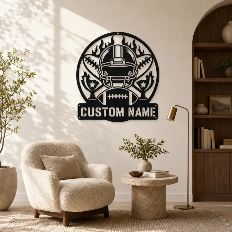 Personalized Football Helmet Trophy Flame Metal Wall Art - lifestyle view 5