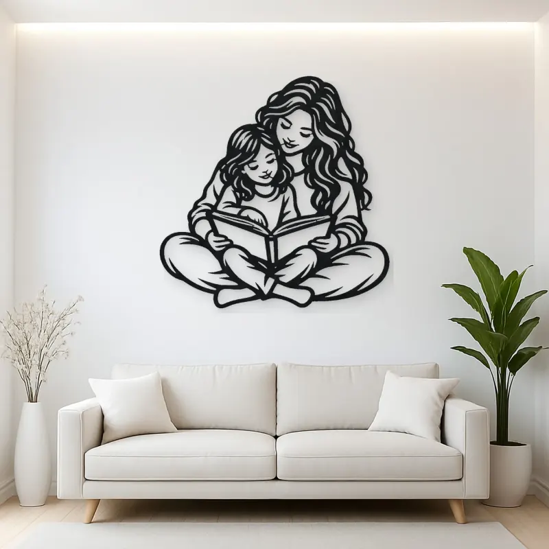 Parent Child Reading Metal Wall Art | Family Silhouette Decor
