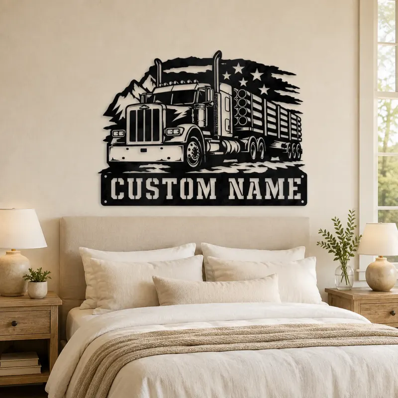 Personalized Logging Semi Truck Patriotic Mountain Metal Wall Art - lifestyle view 2