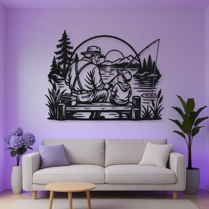Grandfather Grandson Fishing Metal Wall Art | Family Silhouette Decor