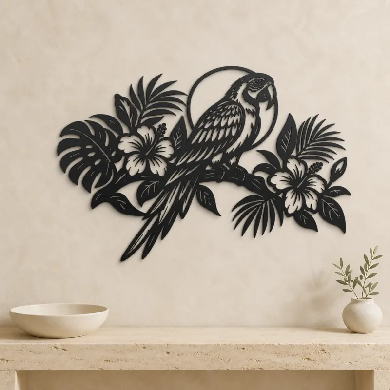 Parrot Tropical Branch Metal Wall Art | Wildlife Silhouette Decor - lifestyle view 3