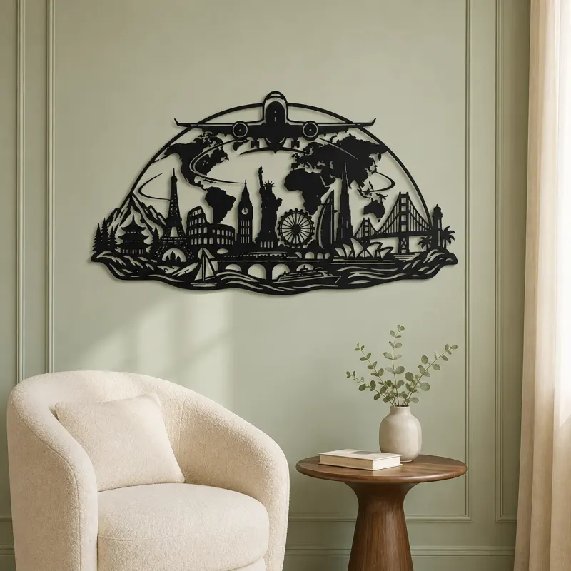 Airplane World Arc Metal Wall Art | Travel and City Wall Decor - lifestyle view 2