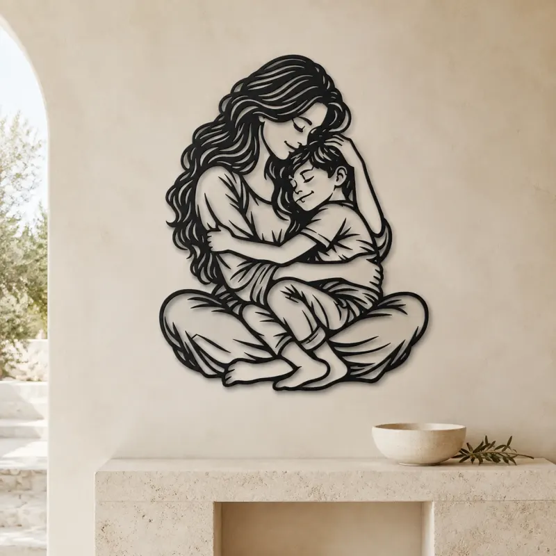 Mother Son Cuddle Metal Wall Art | Family Silhouette Decor - lifestyle view 3