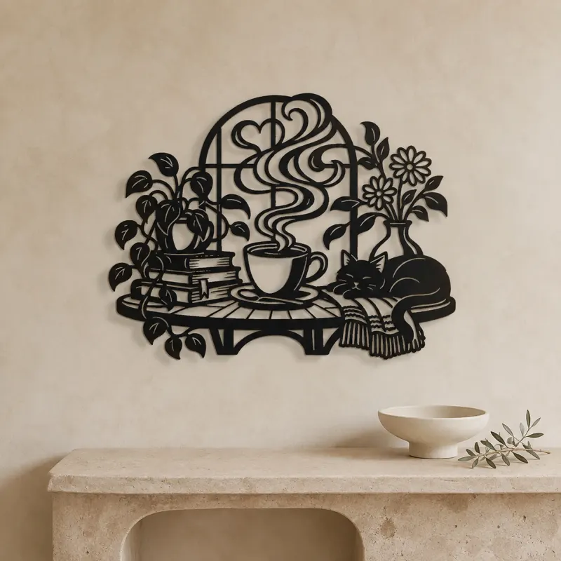 Coffee Cup Steam Flow Metal Wall Art | Cozy Home Metal Decor - lifestyle view 3