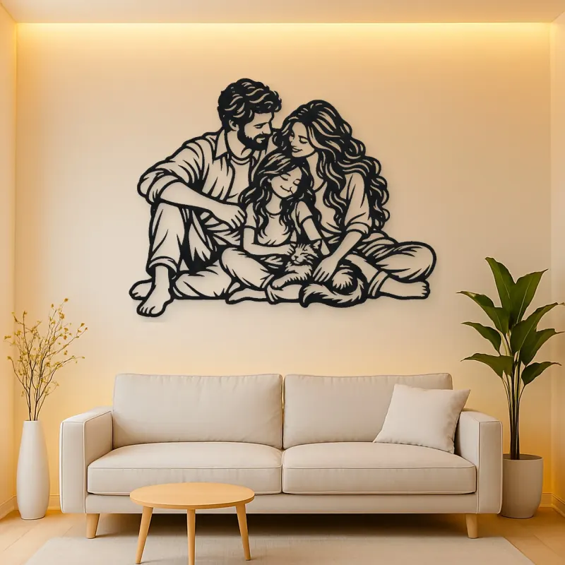 Family with Cat Metal Wall Art | Pet Lover Silhouette Decor
