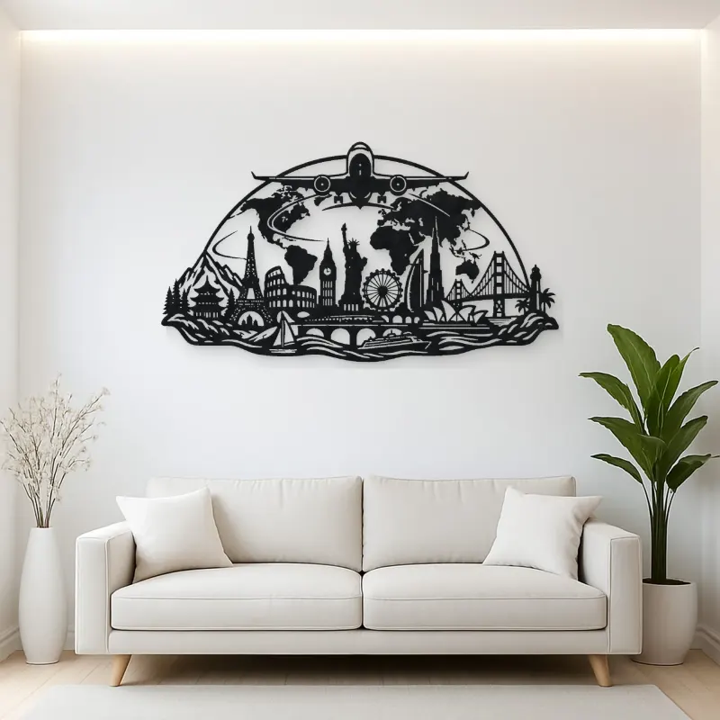 Airplane World Arc Metal Wall Art | Travel and City Wall Decor