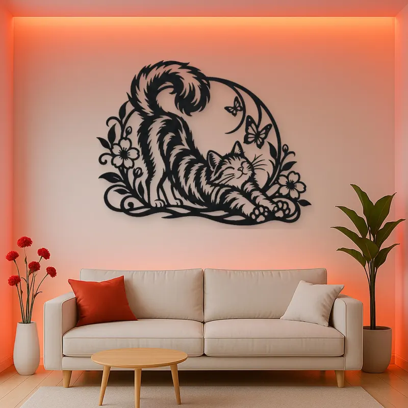 Cat Stretch Flow Metal Wall Art | Pet Lover Silhouette Decor