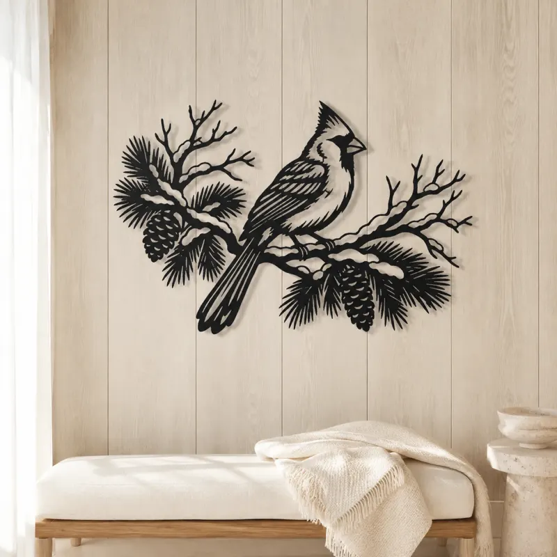Cardinal Winter Branch Metal Wall Art | Wildlife Silhouette Decor - lifestyle view 5