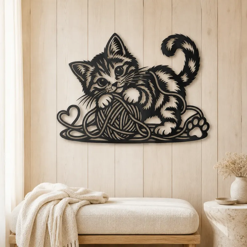 Playful Kitten Yarn Metal Wall Art | Pet Lover Silhouette Decor - lifestyle view 5