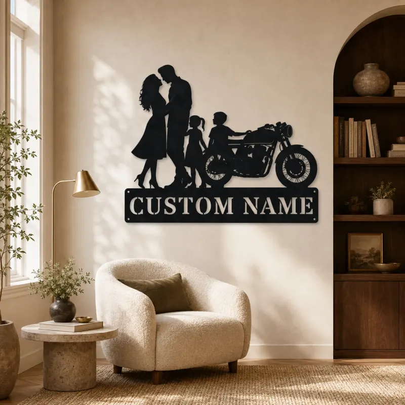 Personalized Classic Motorcycle Family of Four Metal Wall Art - lifestyle view 5