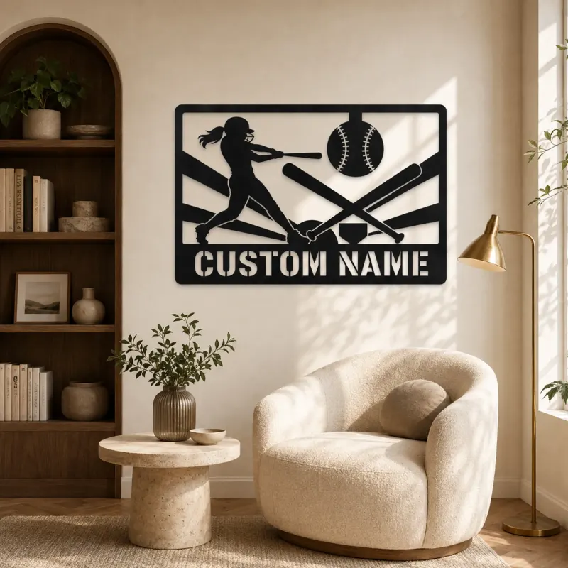 Personalized Softball Player Metal Wall Art with Crossed Bats - lifestyle view 5