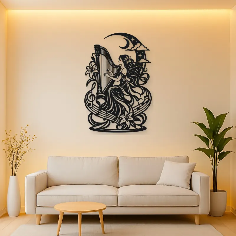 Harp Moon Curve Metal Wall Art | Music Room Wall Decor