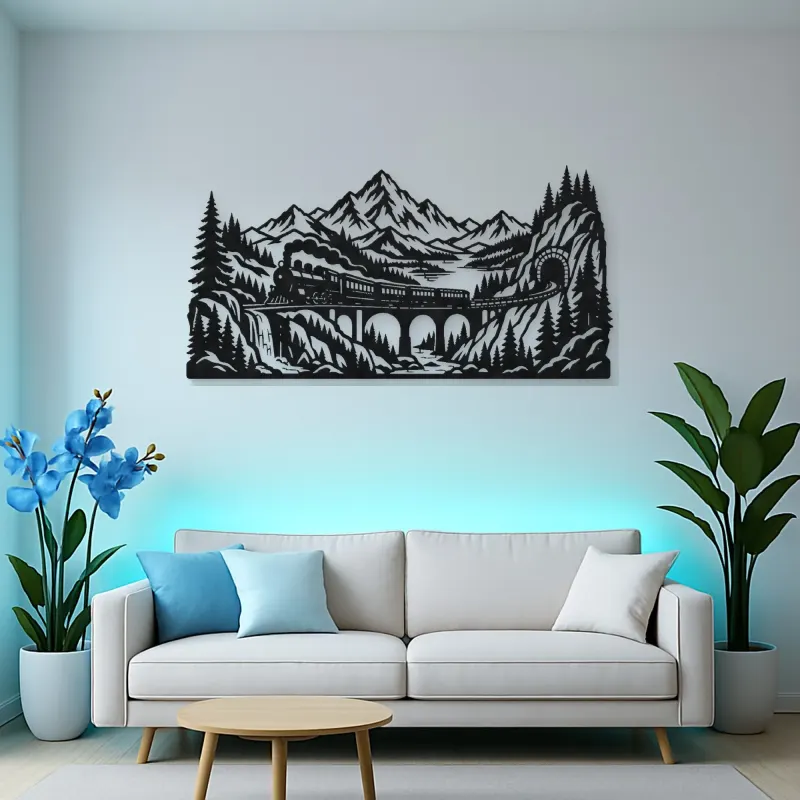 Train through Mountains Metal Wall Art | Travel and City Wall Decor