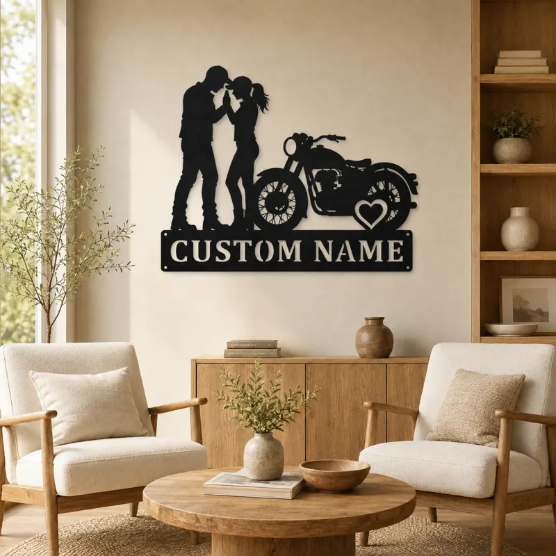 Personalized Vintage Motorcycle Couple Metal Wall Art with Heart - lifestyle view 4
