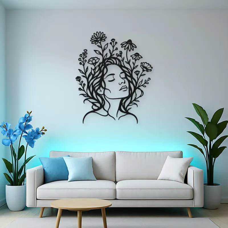 Wildflower Face Metal Wall Art | Minimalist Woman Line Art