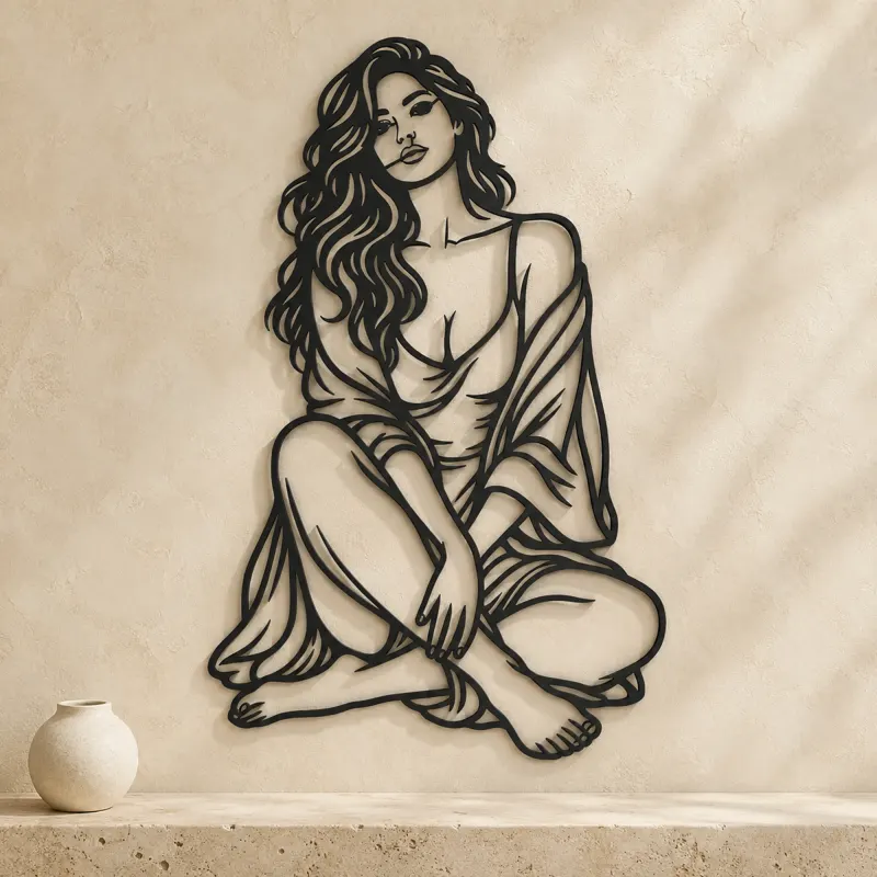 Folded Legs Muse Metal Wall Art | Minimalist Woman Line Art - lifestyle view 3
