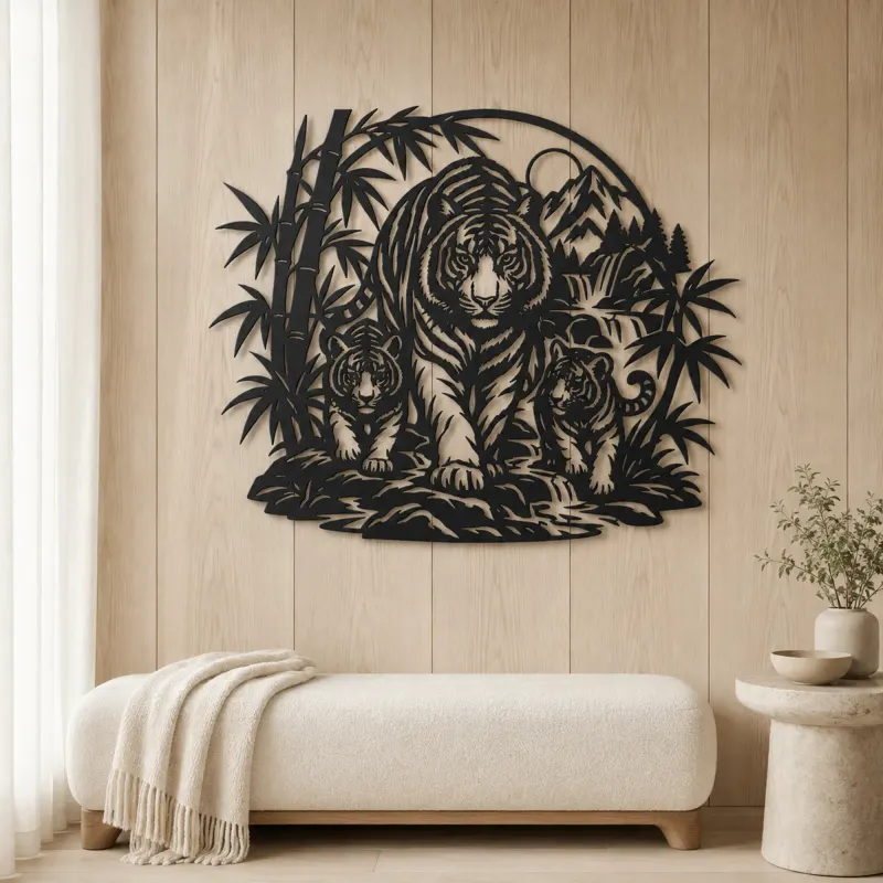 Tiger Bamboo Flow Metal Wall Art | Wildlife Silhouette Decor - lifestyle view 5
