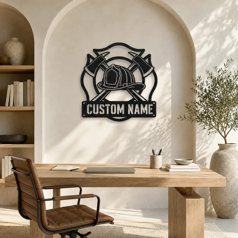 Personalized Firefighter Helmet Metal Wall Art with Crossed Axes - lifestyle view 4