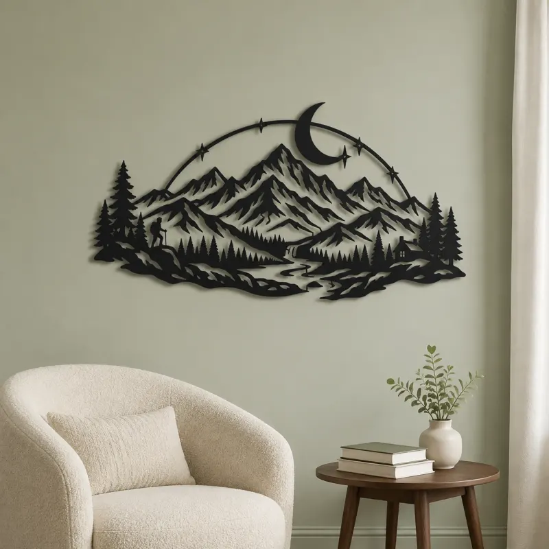 Moonlit Mountain Arc Metal Wall Art | Nature Silhouette Decor - lifestyle view 2