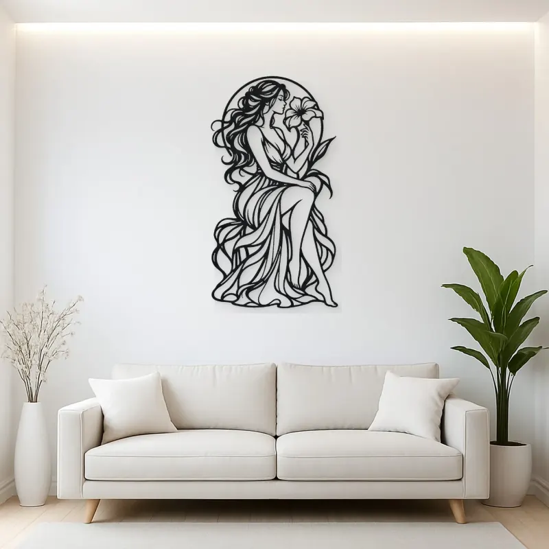 Muse with Flower Metal Wall Art | Minimalist Woman Line Art