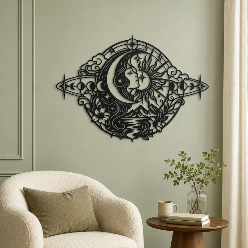Celestial Crescent Face Metal Wall Art | Minimalist Woman Line Art - lifestyle view 2