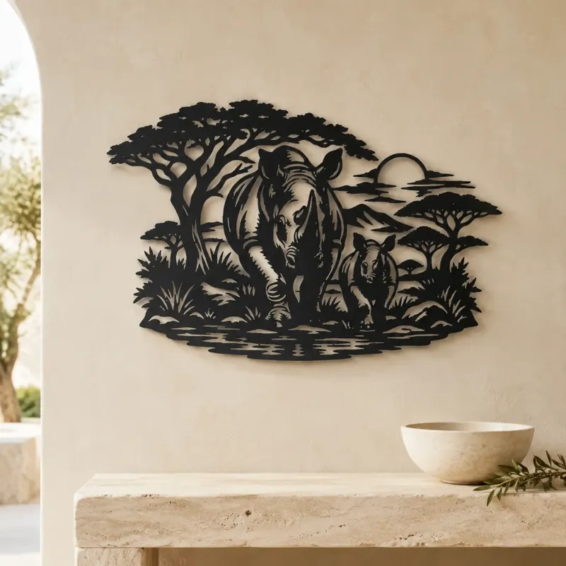 Rhino Savanna Metal Wall Art | Wildlife Silhouette Decor - lifestyle view 3