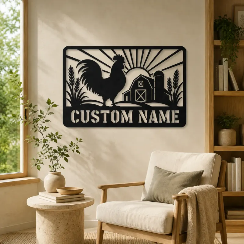 Personalized Rooster Farm Metal Wall Art with Barn Scene - lifestyle view 4