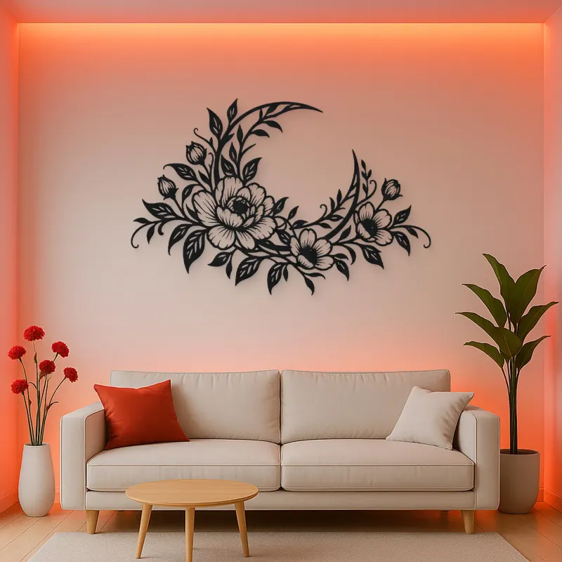 Floral Moon Arc Metal Wall Art | Botanical Metal Wall Decor