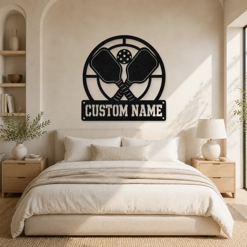 Personalized Pickleball Paddle Metal Wall Art with Court Lines - lifestyle view 2