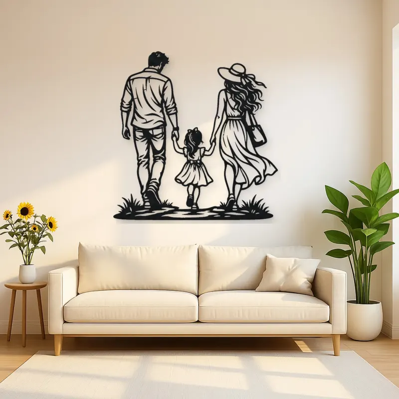 Family of Three Walk Metal Wall Art | Family Silhouette Decor
