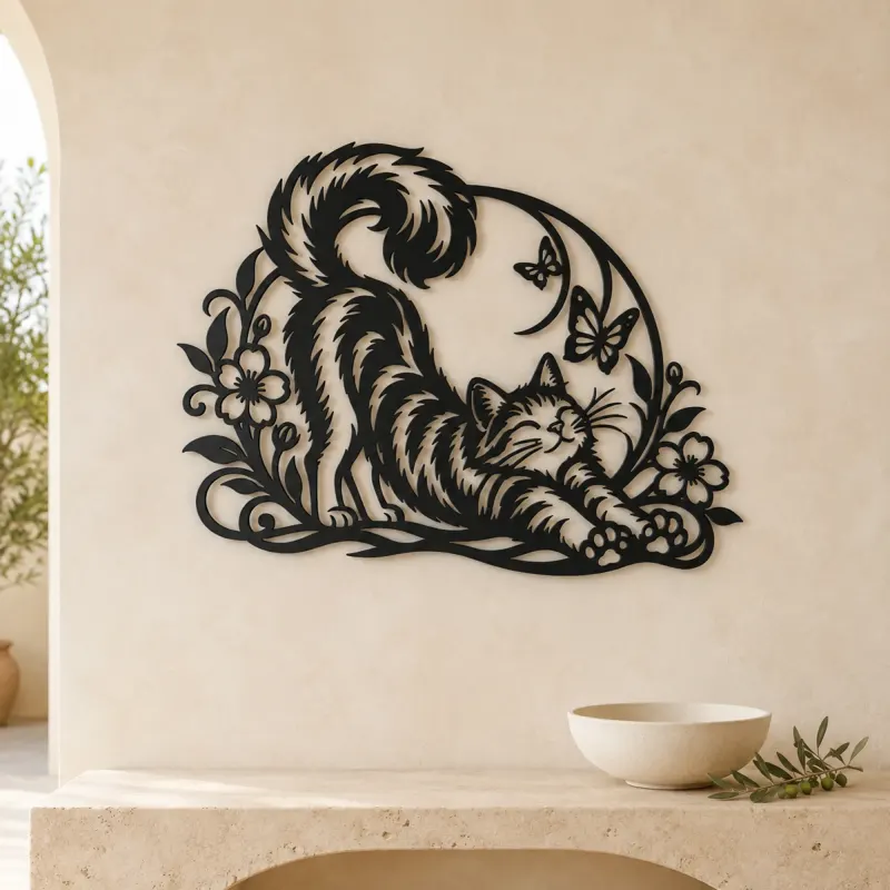 Cat Stretch Flow Metal Wall Art | Pet Lover Silhouette Decor - lifestyle view 3