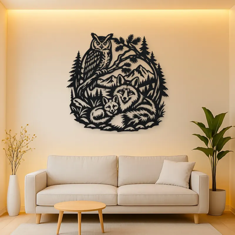 Owl and Fox Forest Metal Wall Art | Wildlife Silhouette Decor