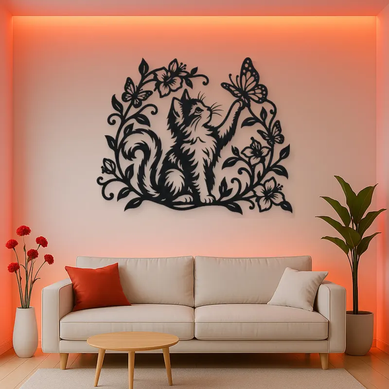 Cat and Butterfly Vine Metal Wall Art | Pet Lover Silhouette Decor