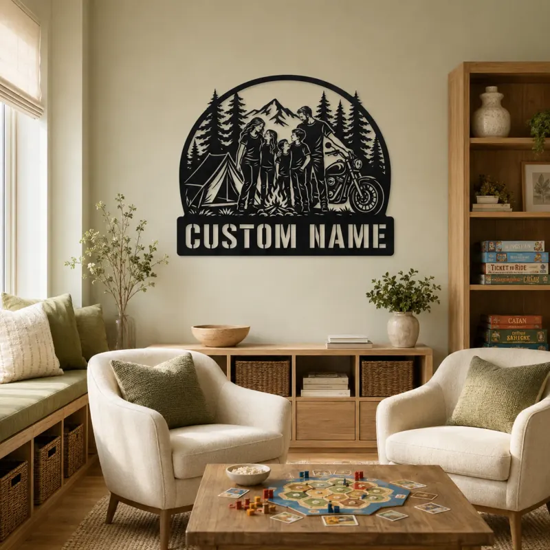 Personalized Family of Five Camping Motorcycle Metal Wall Art - lifestyle view 4