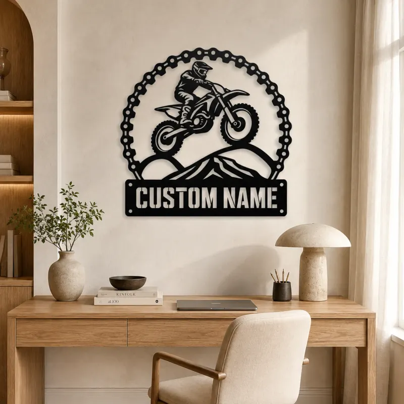 Personalized Motocross Rider Metal Wall Art with Mountain Jump - lifestyle view 5