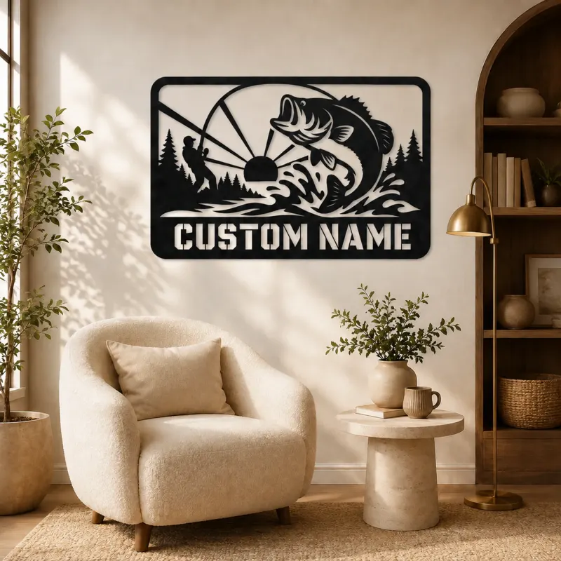 Personalized Bass Fishing Metal Wall Art with Fisherman - lifestyle view 5