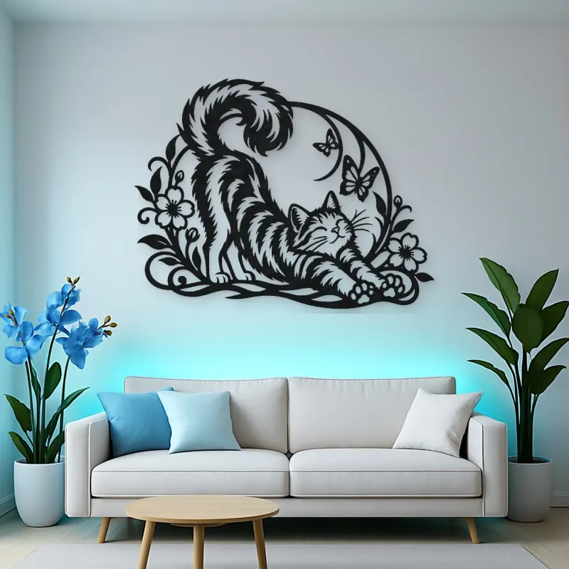 Cat Stretch Flow Metal Wall Art | Pet Lover Silhouette Decor