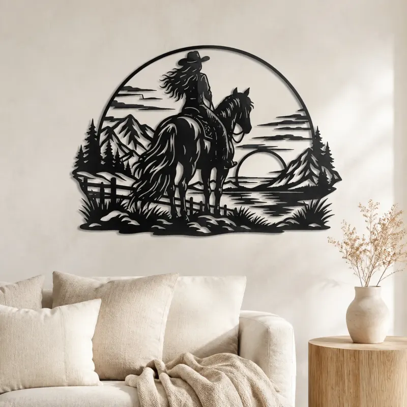 Arte mural de metal Western Rider Sunset | Decoración ecuestre