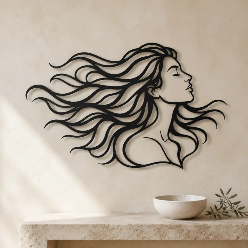 Windblown Hair Face Metal Wall Art | Minimalist Woman Line Art - lifestyle view 3