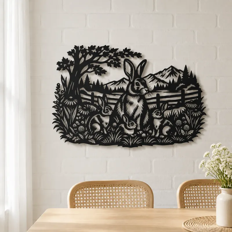 Rabbit Meadow Metal Wall Art | Wildlife Silhouette Decor - lifestyle view 4