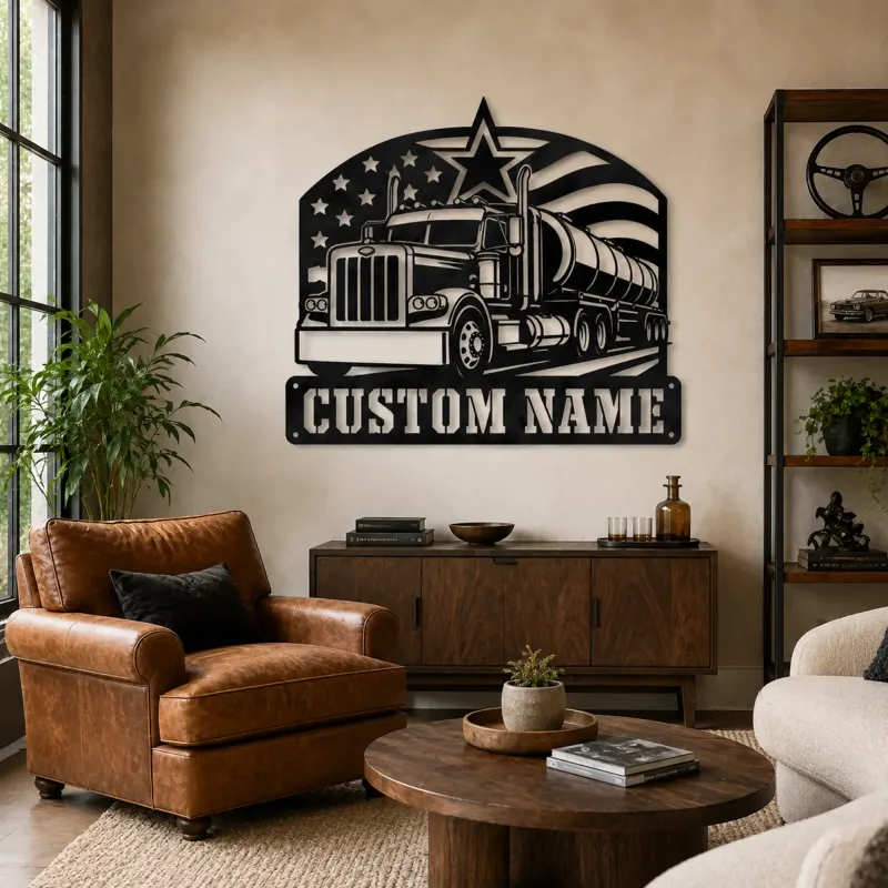 Décoration murale en métal personnalisée de camion semi-citerne avec drapeau américain