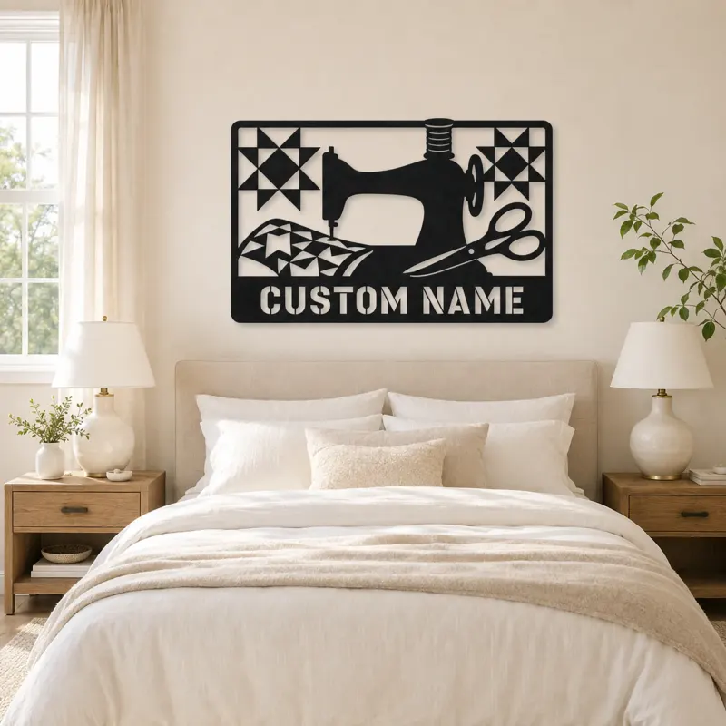 Personalized Sewing Machine Metal Wall Art with Quilt Details - lifestyle view 2