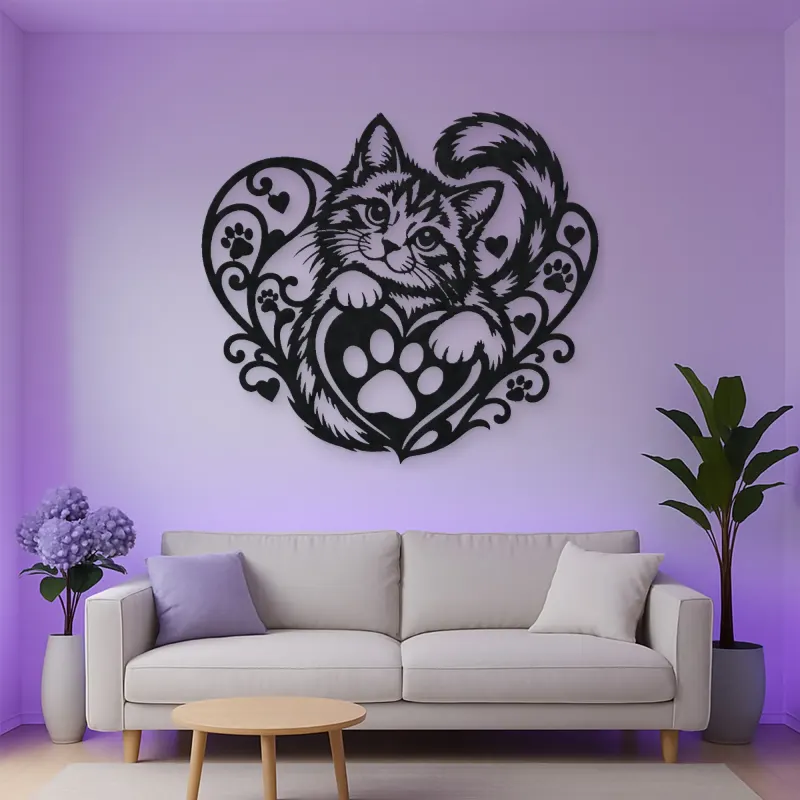 Cat Paw Heart Metal Wall Art | Pet Lover Silhouette Decor