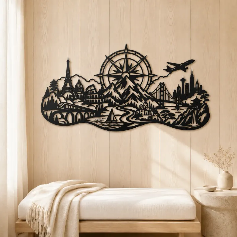Compass Mountain Flow Metal Wall Art | Nature Silhouette Decor - lifestyle view 5