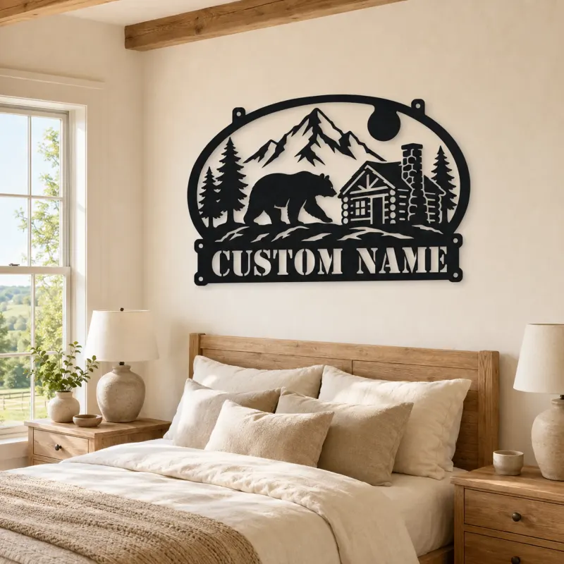 Personalized Bear Cabin Metal Wall Art with Mountain Scene - lifestyle view 2